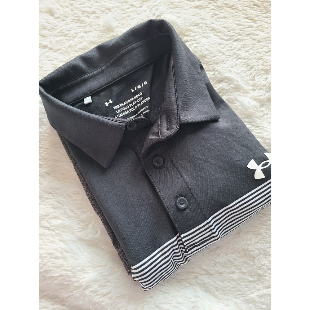 Under Armour Mens The Playoff Polo Black Gray Striped Golf Shirt 1383161 Large